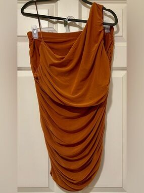Mustard Draped Ruched Midi Skirt and One shoulder Set